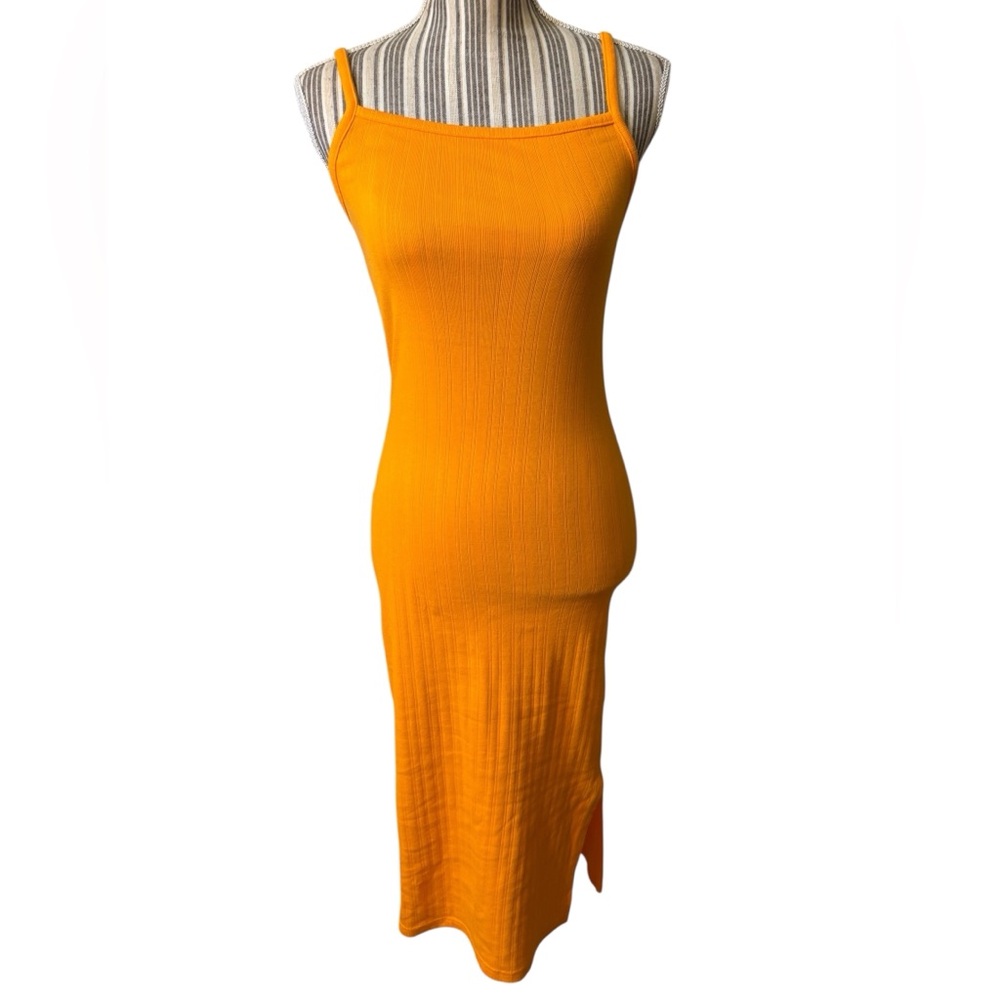 Wild Fable Midi Dress Small Vibrant Orange Ribbed Sleeveless Side Slit Stretchy